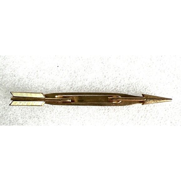 Vintage Swank Arrow Tie Clip Tie Bar Gold Plated Mother Of Pearl Feather Accents - Picture 2 of 6